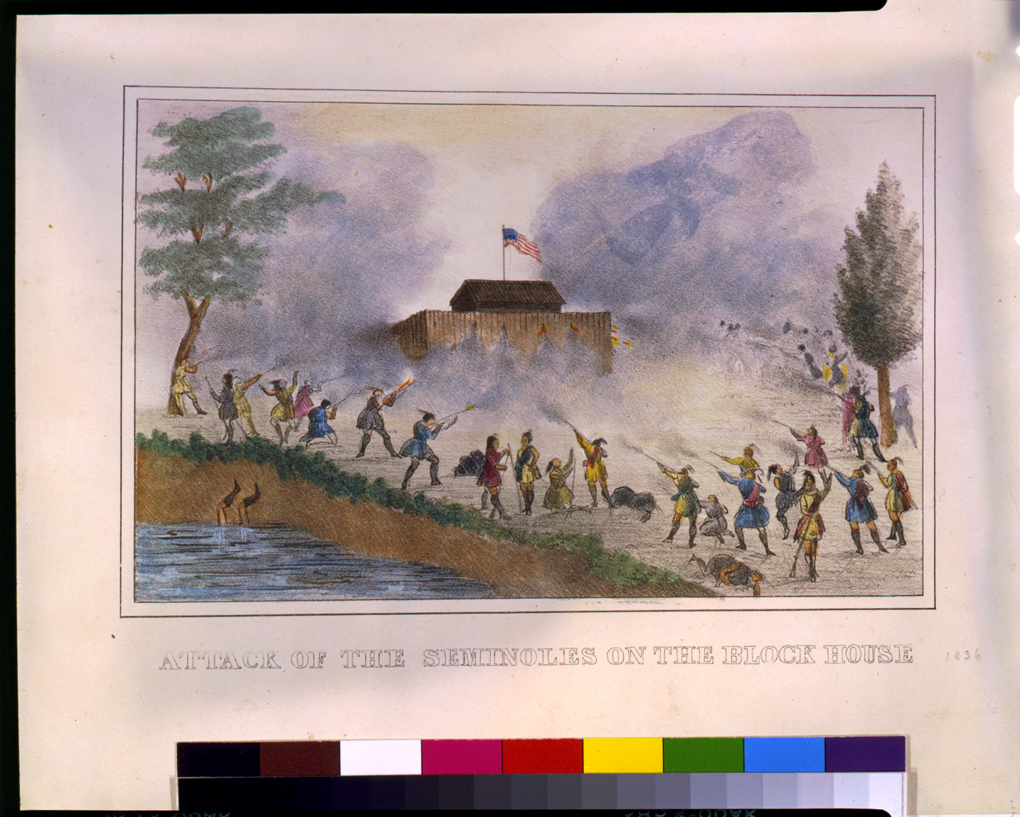 Attack of the Seminoles on the block house, [Charleston, S.C. : T.F. Gray and James, 1837] — antique lithograph
