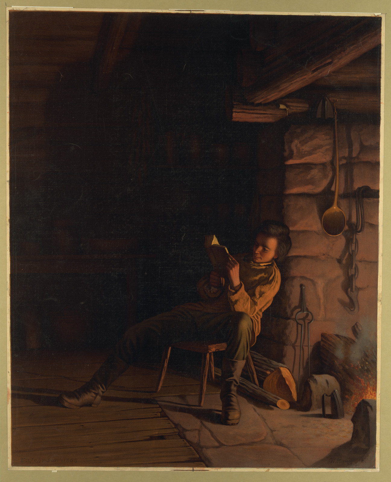 The Boyhood Of Lincoln - An Evening In The Log Hut, c. 1868 — antique lithograph