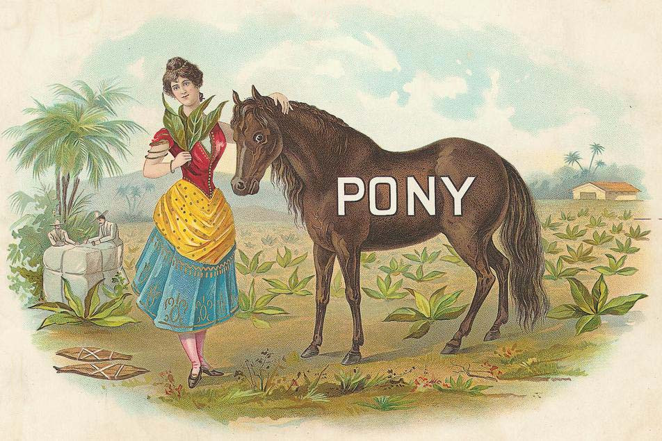 Pony cigar label: woman with horse among tobacco plants — historic image