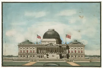Hand-colored print of the United States Capitol with flags