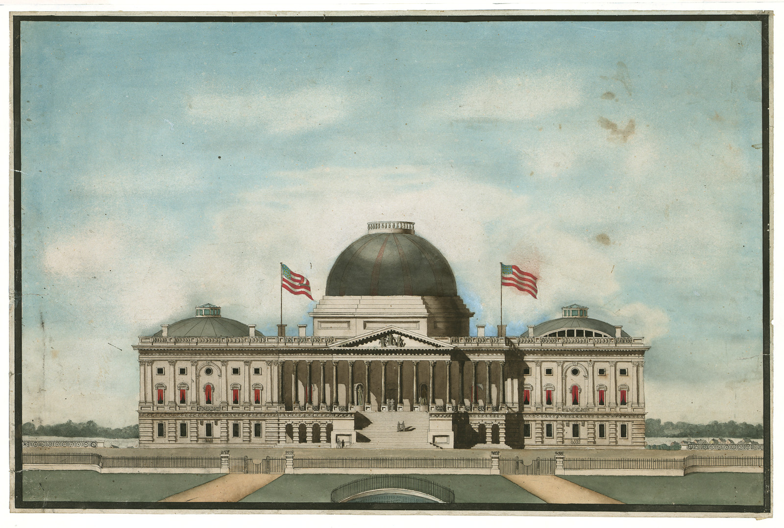 Hand-colored print of the United States Capitol with flags — historic print