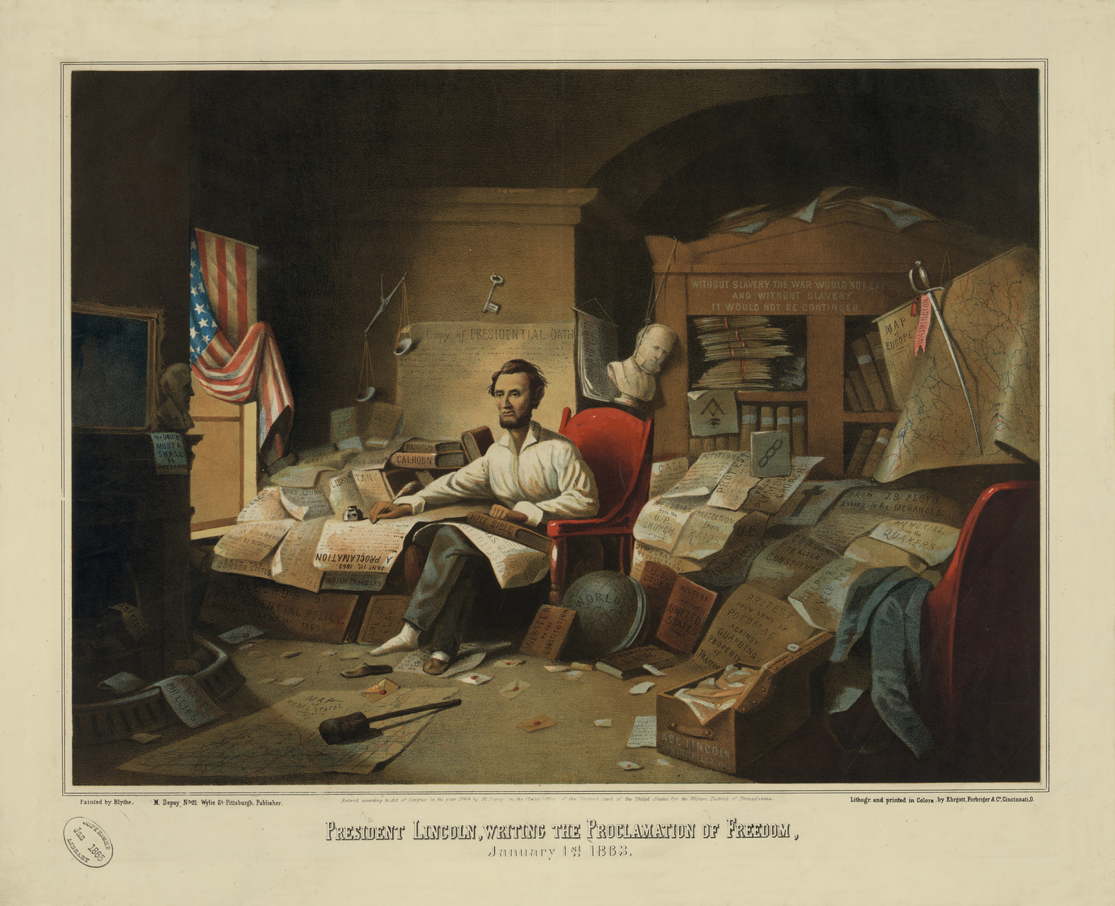 President Lincoln, Writing The Proclamation Of Freedom, c. 1863 — antique lithograph