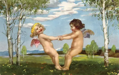 Two cherubs dancing hand in hand in a birch meadow