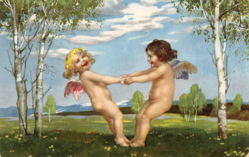 Two cherubs dancing hand in hand in a birch meadow — historic image