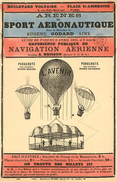 Arènes du Sport Aéronautique balloon navigation poster, Paris 1885