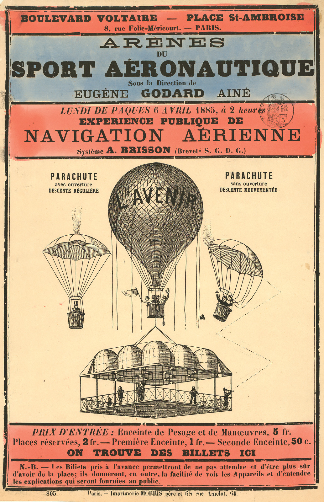 Arènes du Sport Aéronautique balloon navigation poster, Paris 1885 — vintage poster