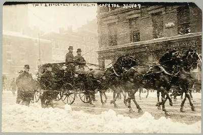 Taft & Roosevelt driving to Capitol, horse-drawn carriage in snow