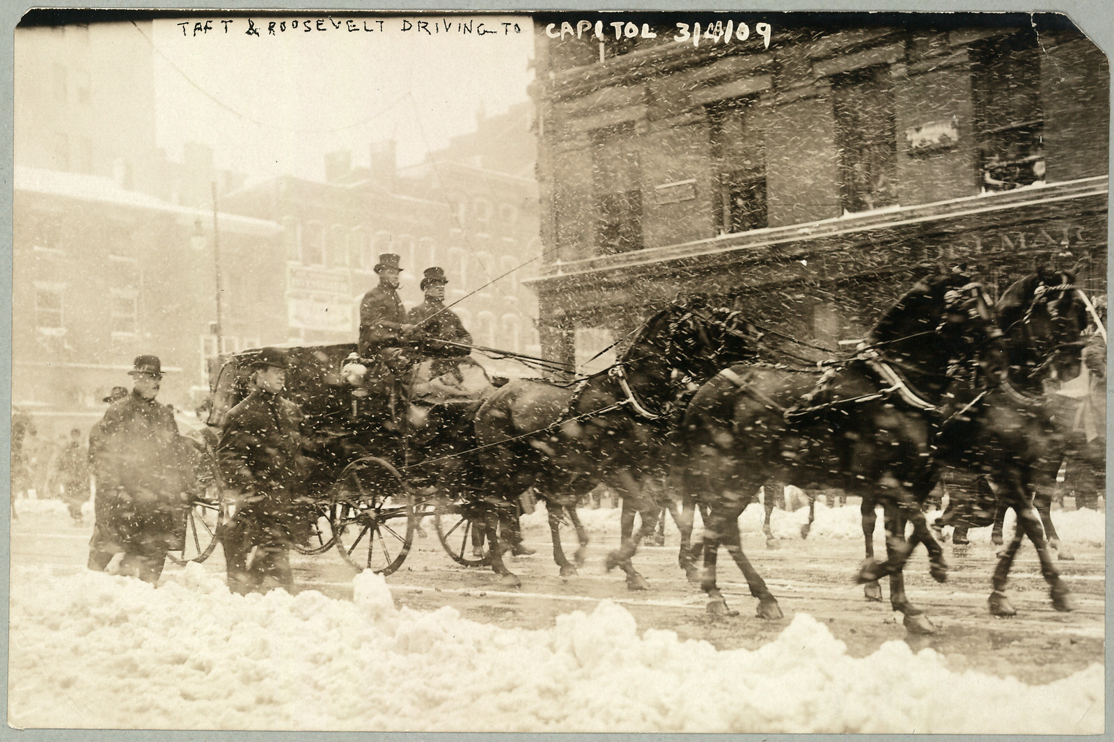 Taft & Roosevelt driving to Capitol, horse-drawn carriage in snow — historic image