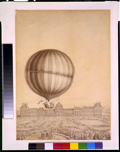 [Departure of Jacques Charles and Marie-Noel Robert's 'aerostatic globe' balloon from the Jardin des Tuileries, Paris, on Dec. 1, 1783]