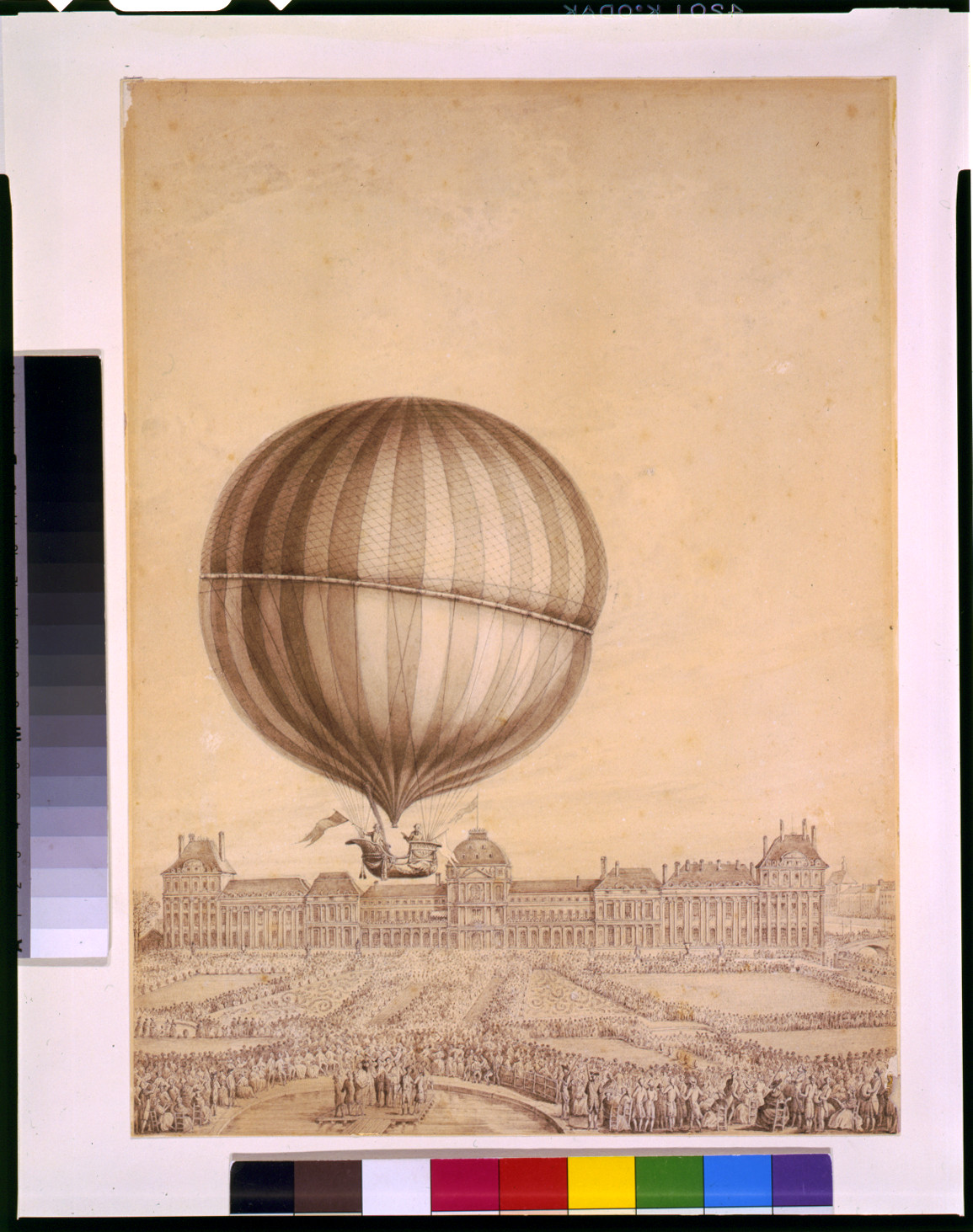 [Departure of Jacques Charles and Marie-Noel Robert's 'aerostatic globe' balloon from the Jardin des Tuileries, Paris, on Dec. 1, 1783], [1783?] — historic drawing