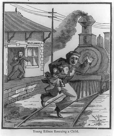 Young Edison rescuing a child [from front of train at Mt. Clemens Mich. depot]