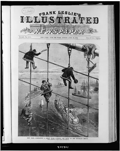 New York--completing a great work--lashing the stays of the Brooklyn Bridge / from a sketch by a staff artist.