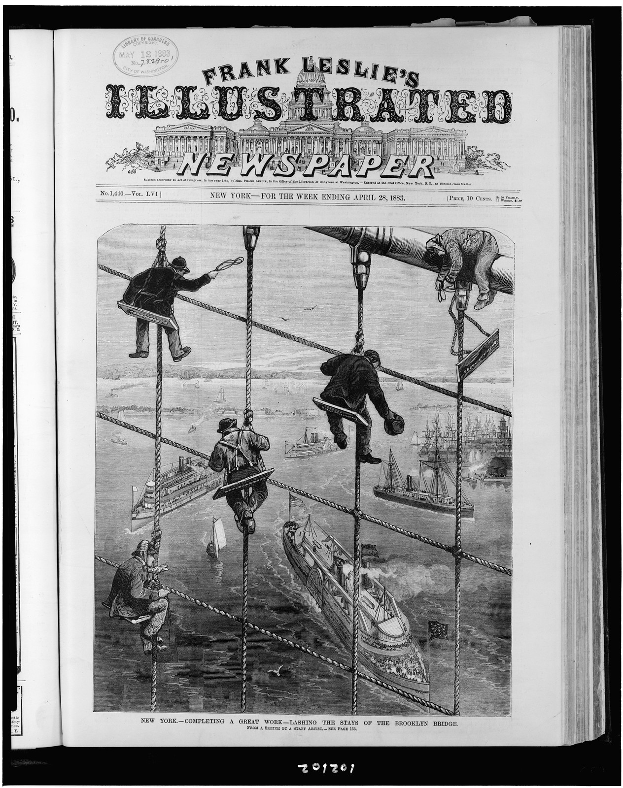 New York--completing a great work--lashing the stays of the Brooklyn Bridge / from a sketch by a staff artist., [published 1883] — antique engraving