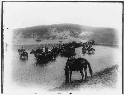 [Rough riders on horseback in water at Montauk Point]