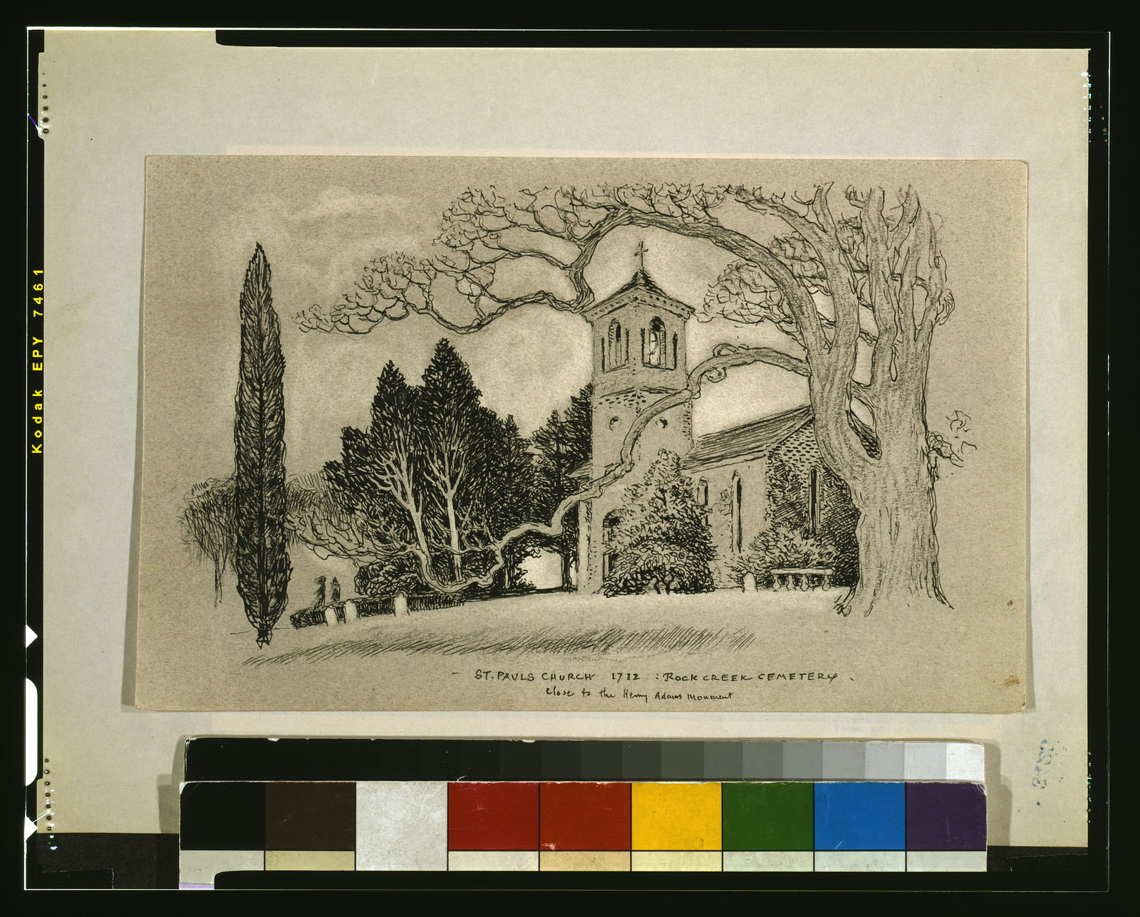 St. Paul's Church 1712: Rock Creek Cemetery, close to the Henry Adams Monument — historic drawing