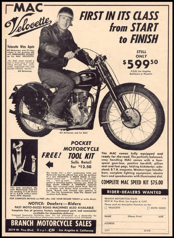 MAC Velocette motorcycle advertisement, first in its class — historic image