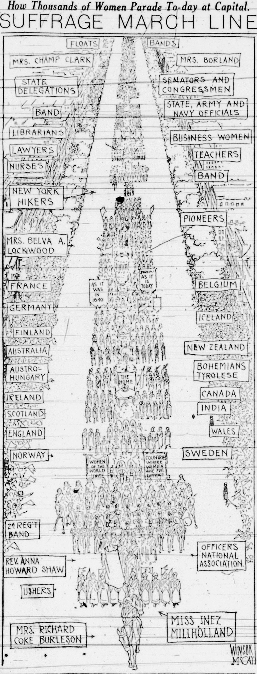 Suffrage march line drawing of women's parade route — historic drawing