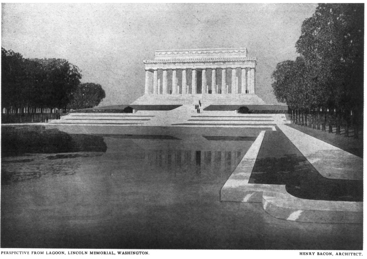 Perspective from lagoon, Lincoln Memorial, Washington. Henry Bacon, architect — historic print