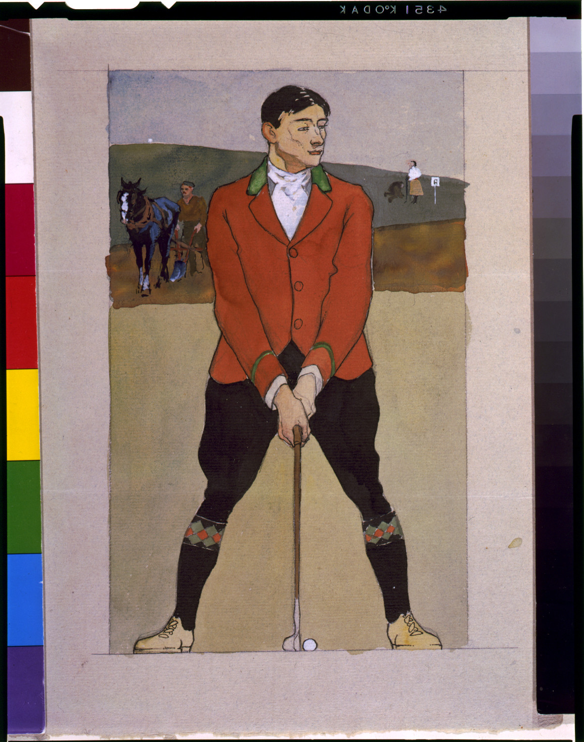 Man in red jacket with golf club, watercolor illustration — historic image