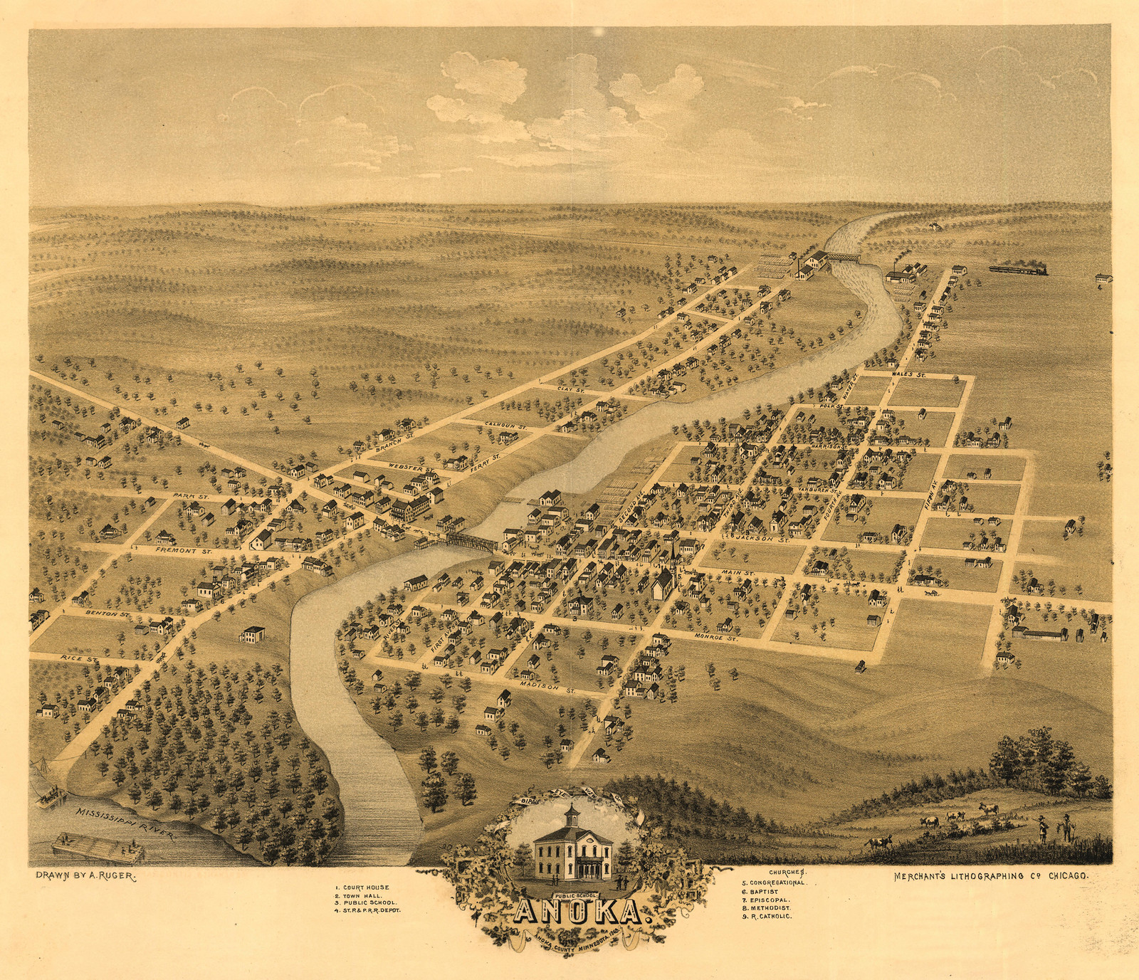 Bird's eye view of Anoka, Anoka County, Minnesota 1869 — antique map
