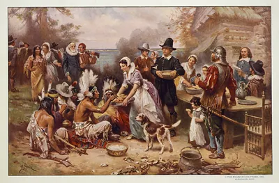 Pilgrims and Native Americans sharing a harvest meal, painted scene