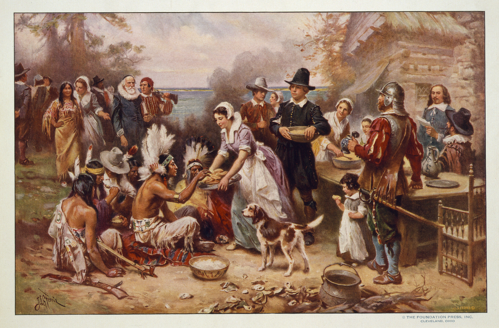 Pilgrims and Native Americans sharing a harvest meal, painted scene — historic image