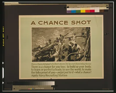 A Chance Shot: Navy recruiting poster with sailors at a deck gun