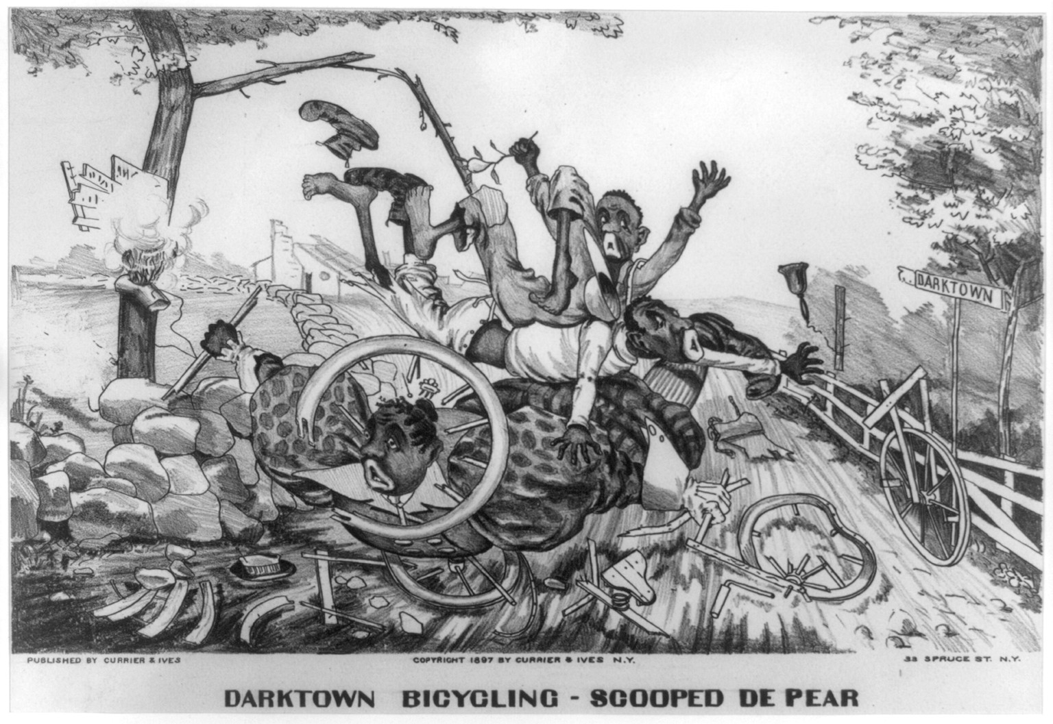 Darktown bicycling-scooped de pear, [New York] : Currier & Ives, 1897. — antique lithograph