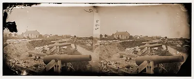 Yorktown Virginia. Naval battery with Nelson church in background used as a hospita