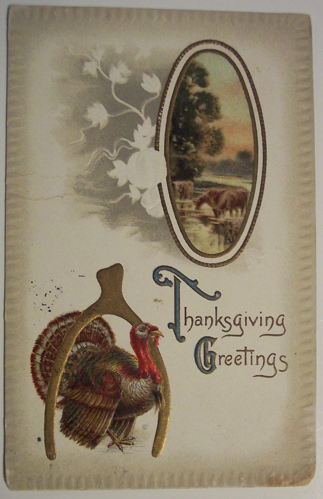 Thanksgiving Greetings postcard with turkey and horseshoe — vintage postcard