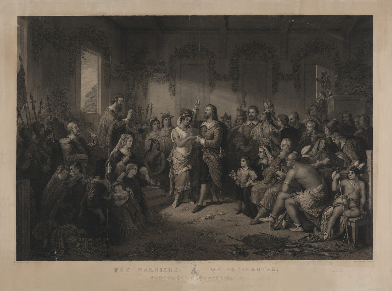 The Marriage of Pocahontas, engraving after a painting — antique engraving