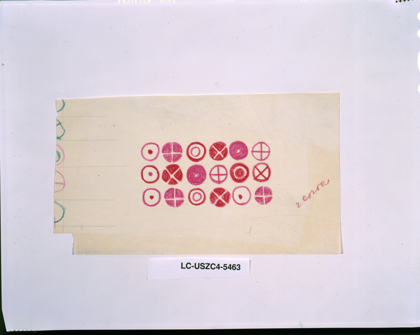 Colored pencil circles and crosses design sketch on paper — historic image