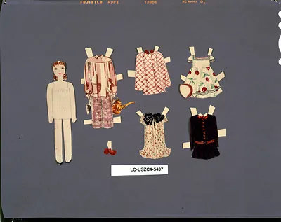 Paper doll with cut-out clothing outfits on gray background