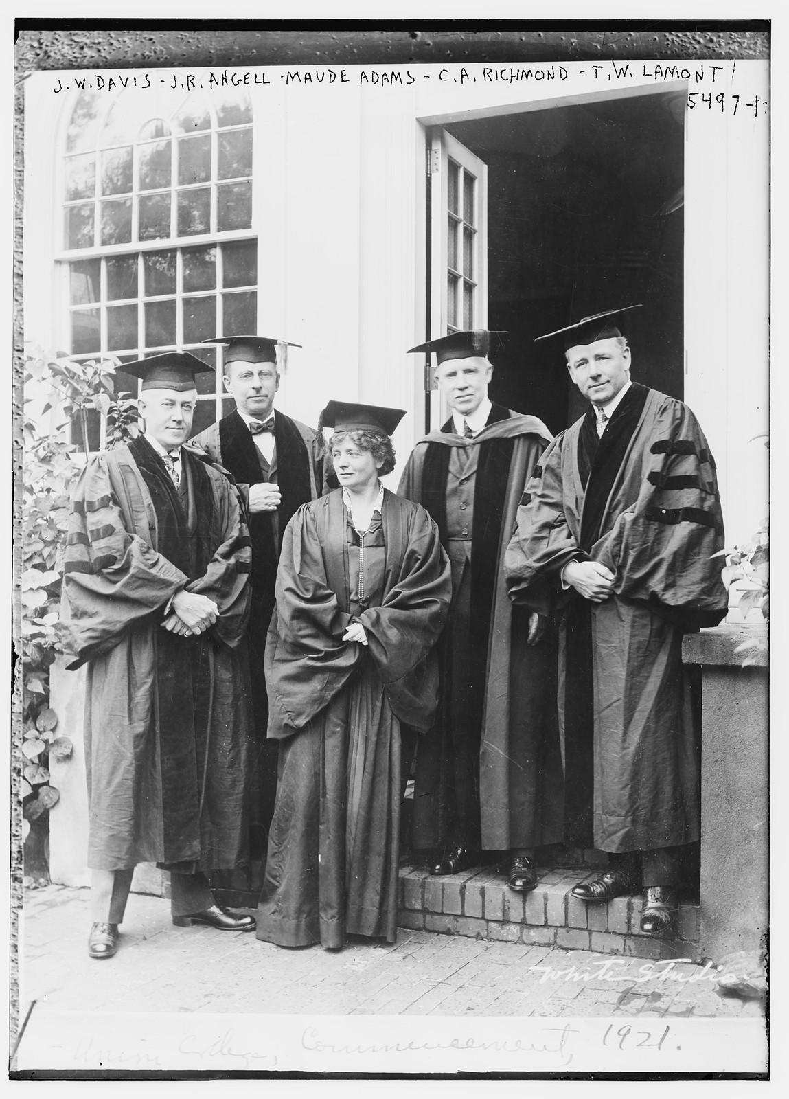 J.W. Davis, J.R. Angell, Maude Adams, C.A. Richmond, T.W. Lamont in graduation gowns, n/a — historic photograph