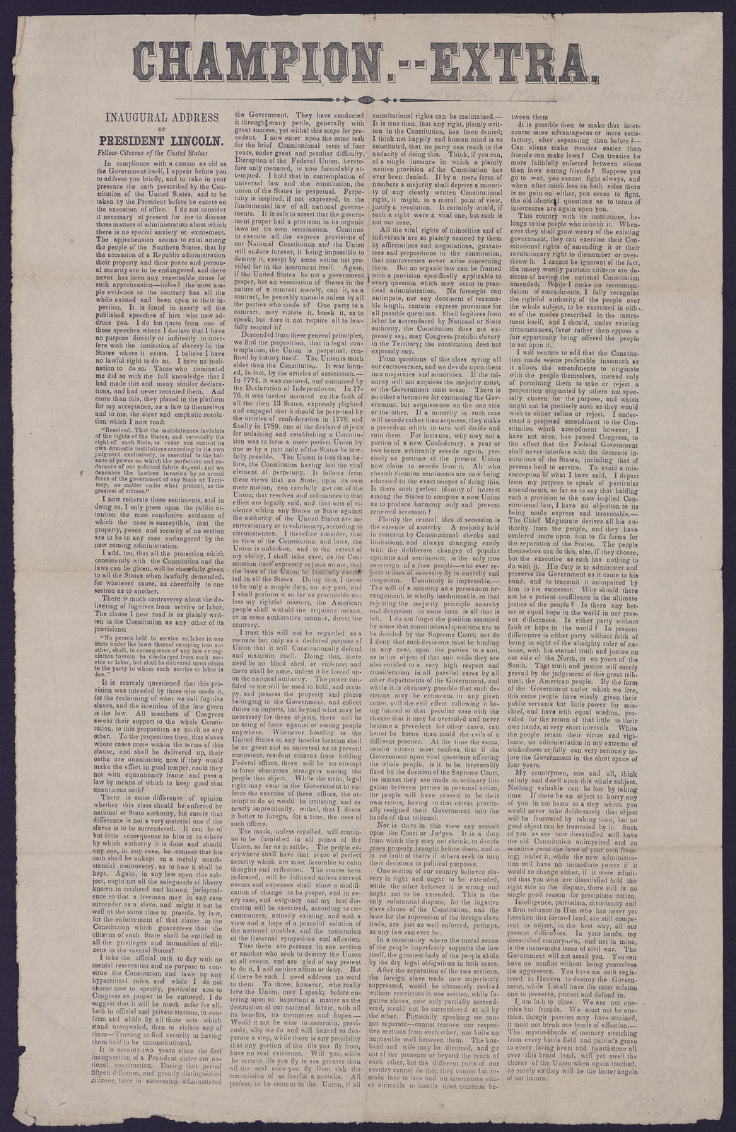 Champion Extra: Inaugural Address of President Lincoln — historic image