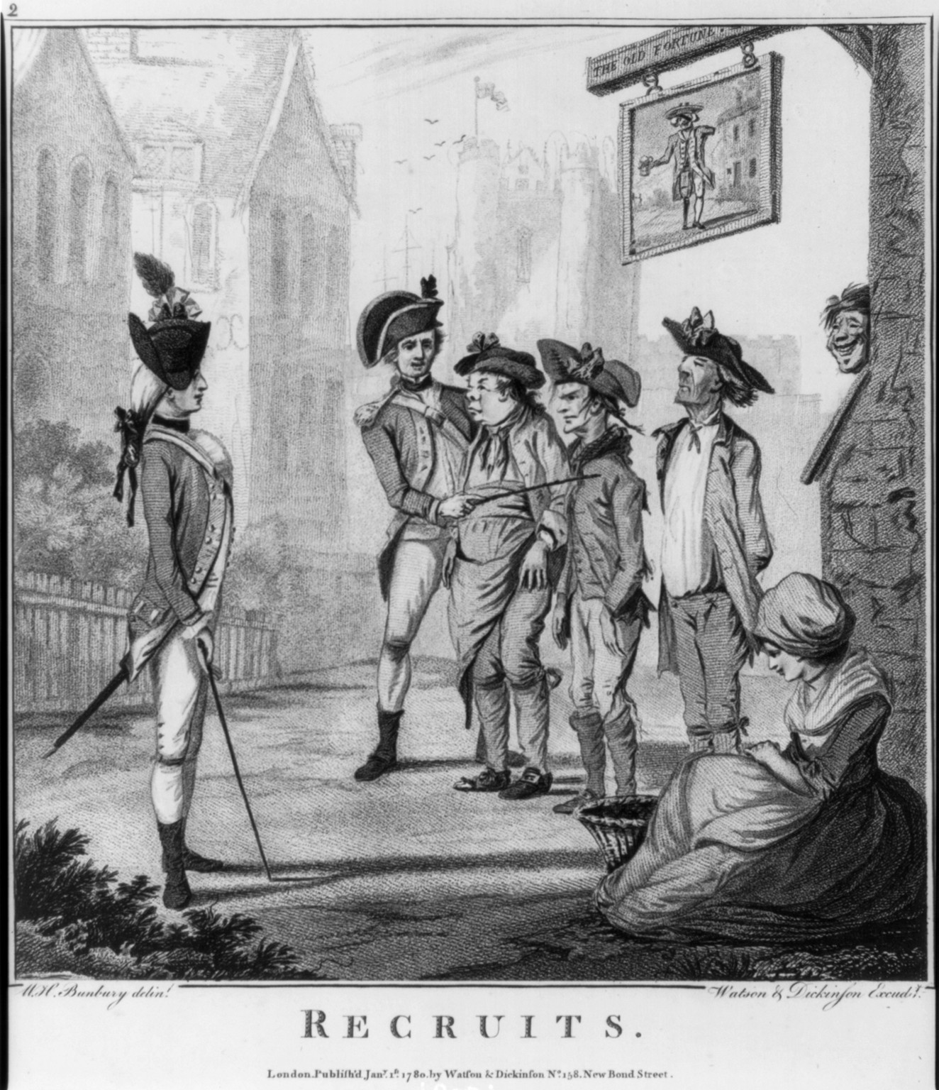 Recruits / W. H. Bunbury, delint. ; Watson & Dickinson, excudt., London : Publish'd Jany. 1st, 1780, by Watson & Dickinson, No. 158 New Bond Street, 1780. — antique engraving