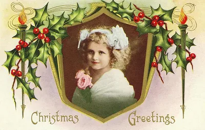 Christmas Greetings postcard with girl portrait and holly
