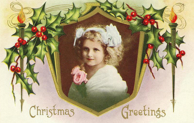 Christmas Greetings postcard with girl portrait and holly — vintage postcard