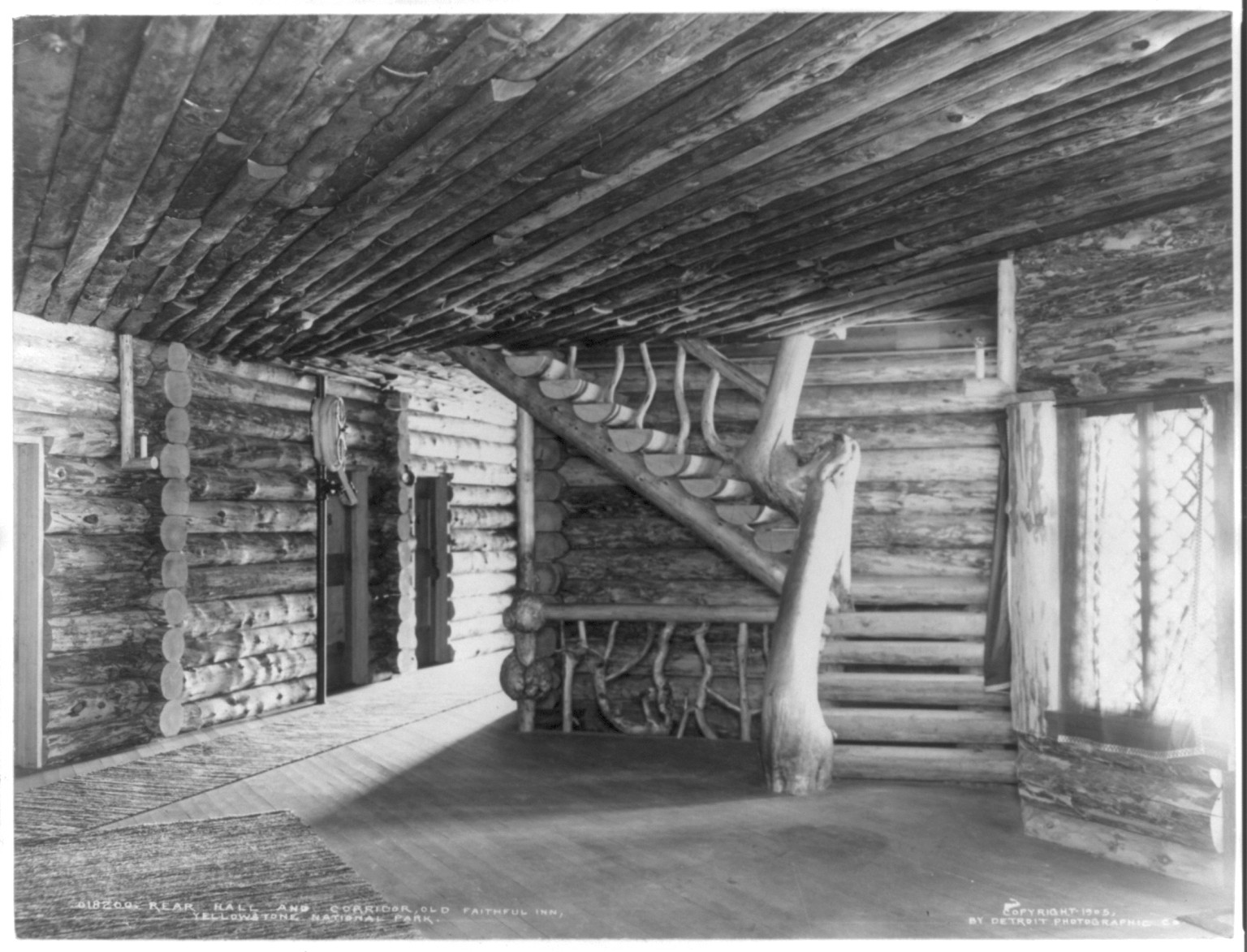 Rear hall and corridor, Old Faithful Inn, Yellowstone National Park, c1905. — historic photograph