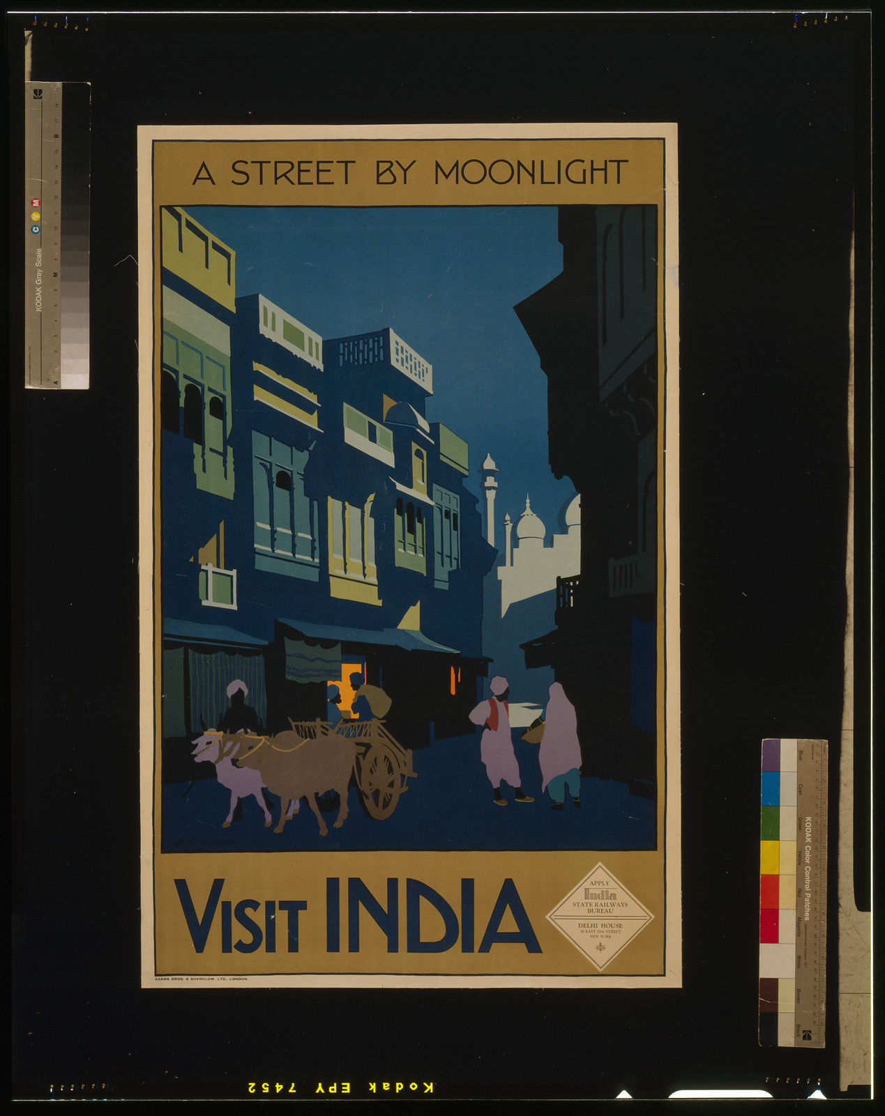 A street by moonlight - Visit India / H. G. Gawthorn., London : Adams Bros. & Shardlow, Ltd. ; [ca. 1920] — vintage poster