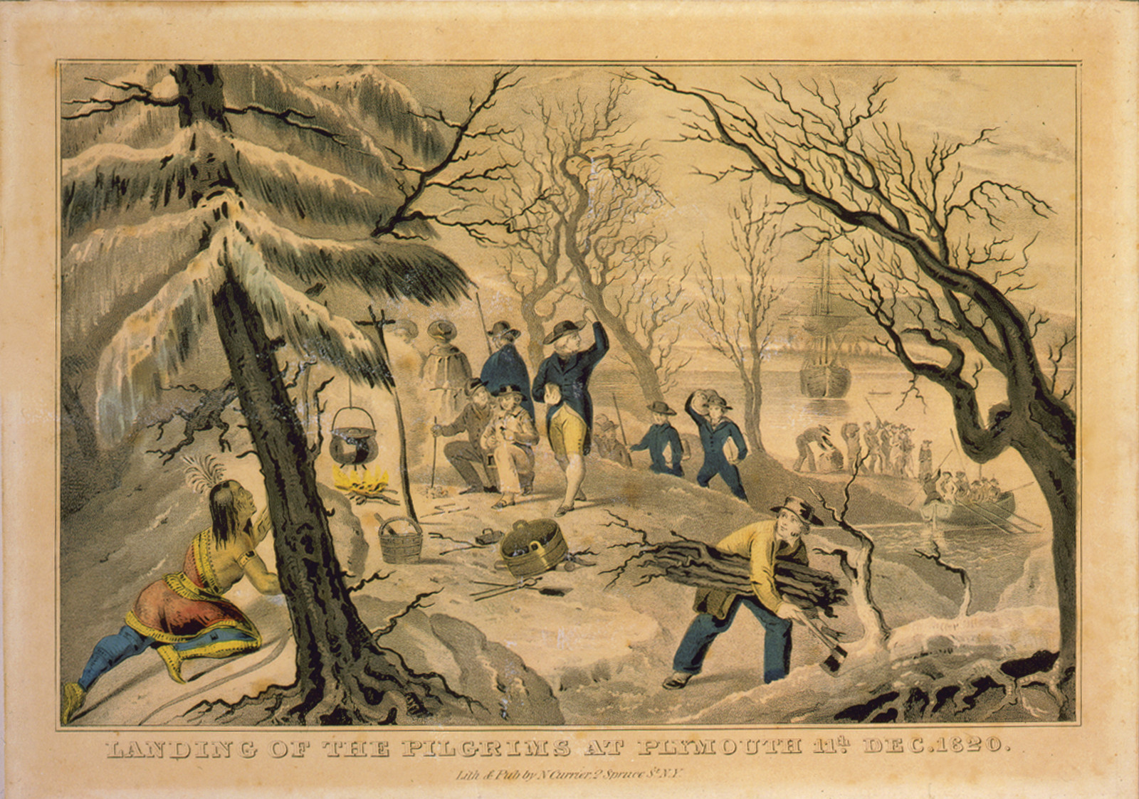 The First Landing Of The Pilgrims, 1620 — antique engraving
