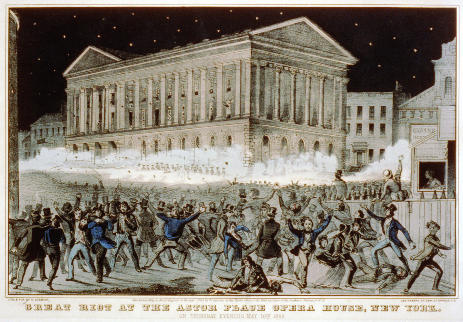 Great riot at the Astor Place Opera House, New York: on thursday evening May 10th 1849, New York : Published by N. Currier, c1849. — antique lithograph