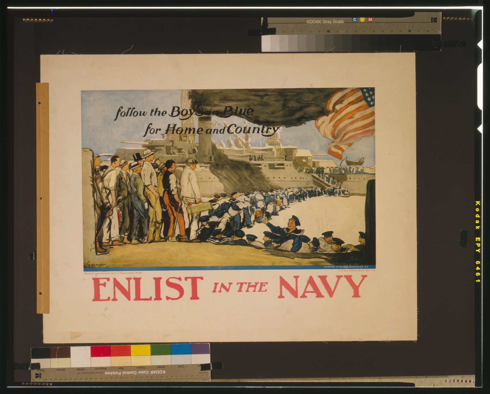 Enlist in the Navy follow the boys in blue for home and country / G. Wright., New York : U.S. Navy Publicity Bureau, [between 1914 and 1918] (N.Y. : colorplates by the Gill Engraving Co.) — vintage poster