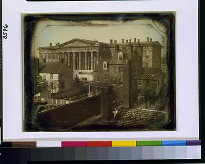[United States Patent Office, Washington, D.C., showing F Street facade, possibly taken from the upper floor of the General Post Office]