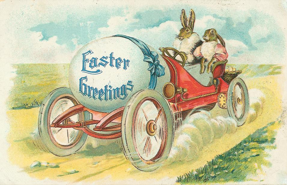 Easter greetings postcard with rabbits driving an egg car — vintage postcard