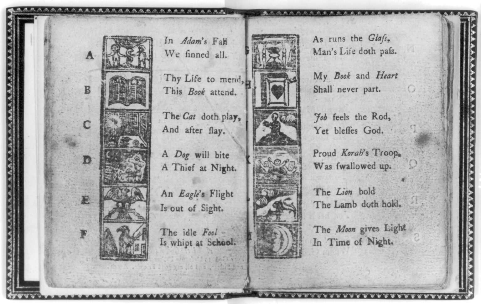 [McGuffey's Eclectic Primer (Cincinnati, 1849), page from above, with illus. from A to M] — historic print