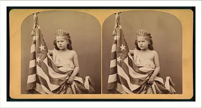 Young girl in crown holding American flag, stereograph