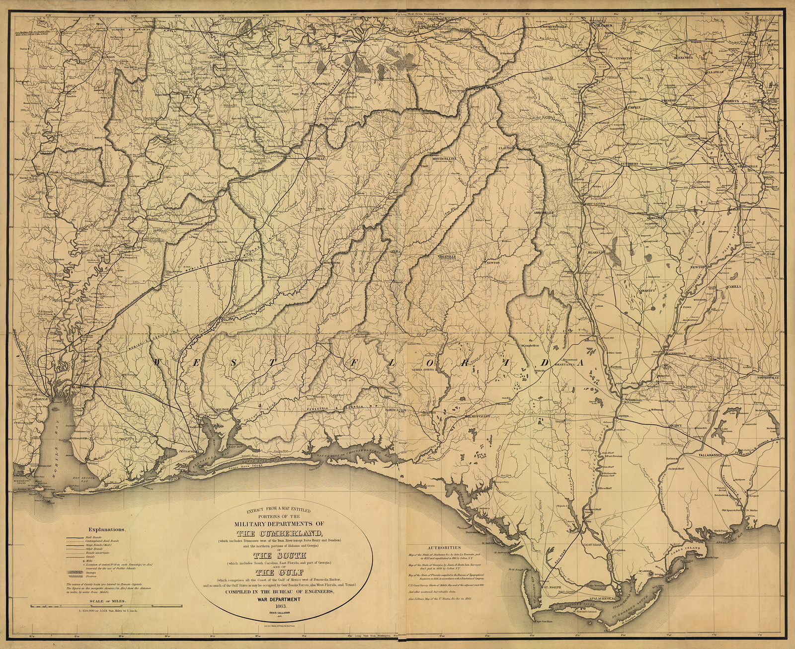 Tallahassee, Florida, west to Mobile, Alabama, and the Gulf coast north to Montgomery, Alabama, Alabama, 1863, 1863 — antique map