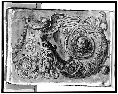 [Rinceau and festoon frieze featuring winged herm-like figure and medallion]