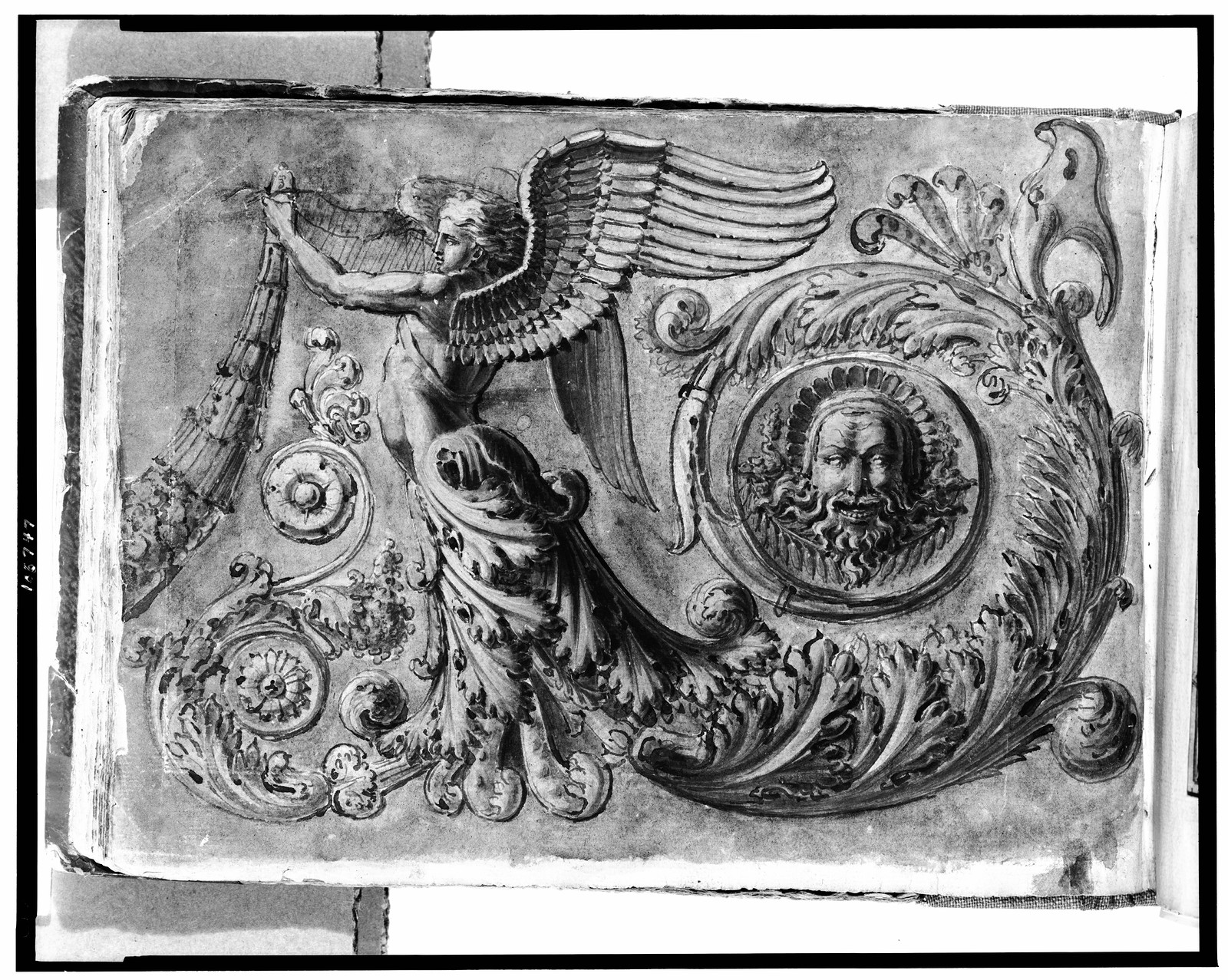 [Rinceau and festoon frieze featuring winged herm-like figure and medallion], [between 1820 and 1850] — historic drawing